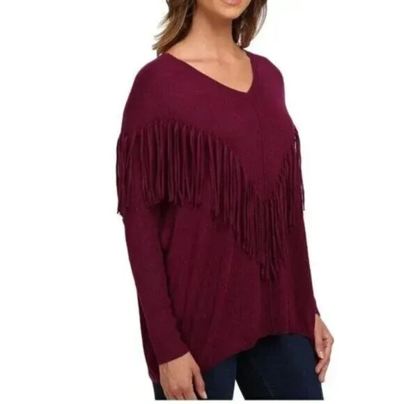 DKNY Fringe Embellished V-neckline Dolman Sweater, Purple, S - Picture 2 of 13